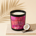 Aruba Coconut candle styled with coconut and vanilla pods on pale stone