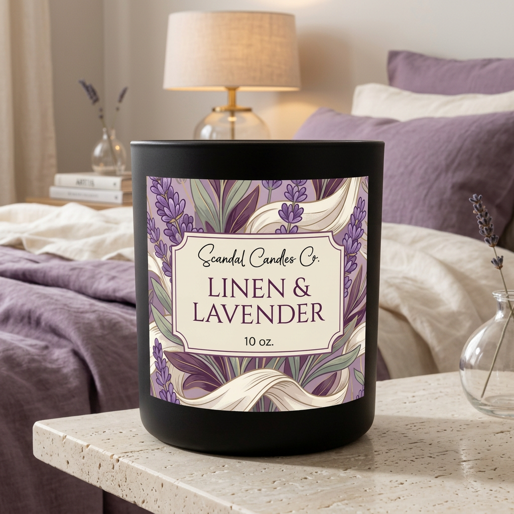 Linen & Lavender 10 oz candle in an ivory and lavender bedroom setting