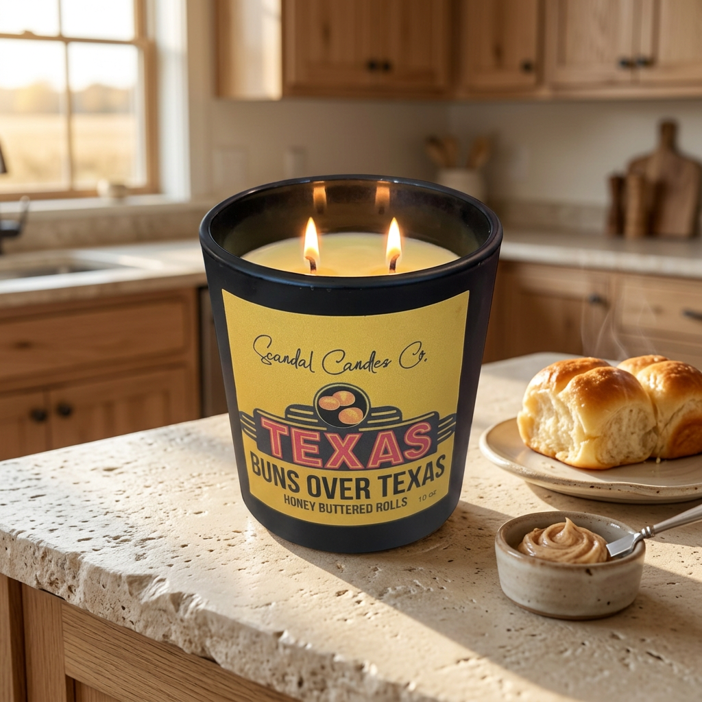Buns Over Texas candle in a sunlit kitchen with rolls and cinnamon butter