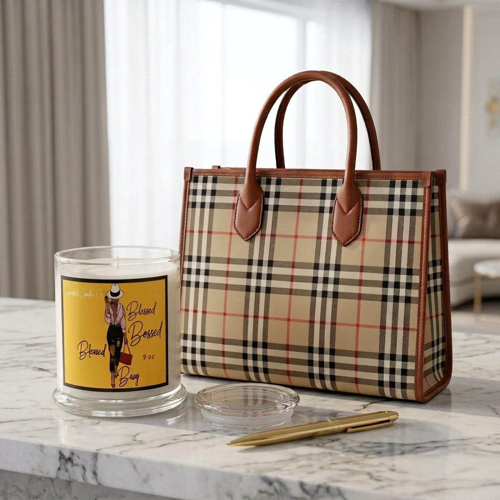 Blessed Booked and Busy candle in a refined home-office setting with a planner and gold pen