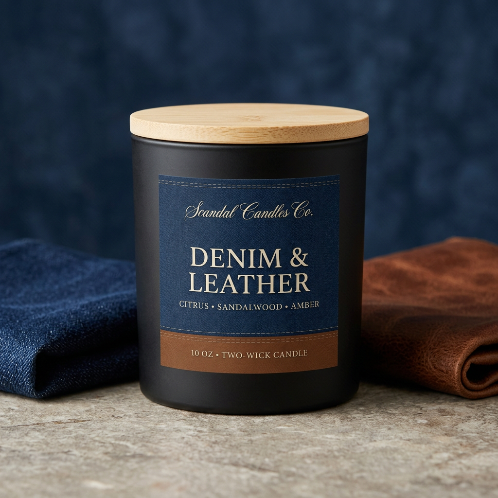 Denim & Leather matte black candle with an indigo label and wooden lid, styled beside folded denim and brown leather.