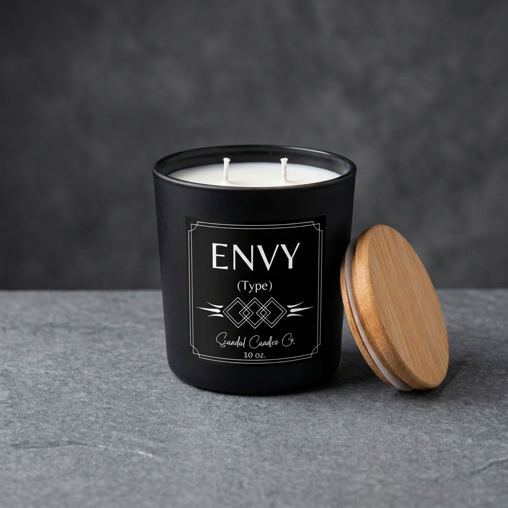 Envy (Type) boutique-label candle with white wax and two white wicks in a charcoal studio