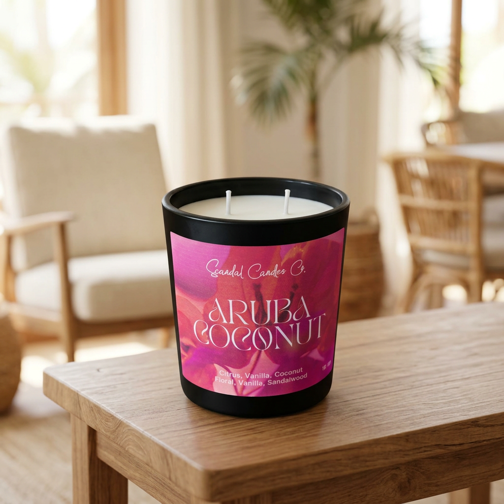 Aruba Coconut candle on a wood table in a bright tropical lounge