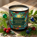Christmas Mosaic candle with bright stained-glass label, evergreens and jewel-tone ornaments