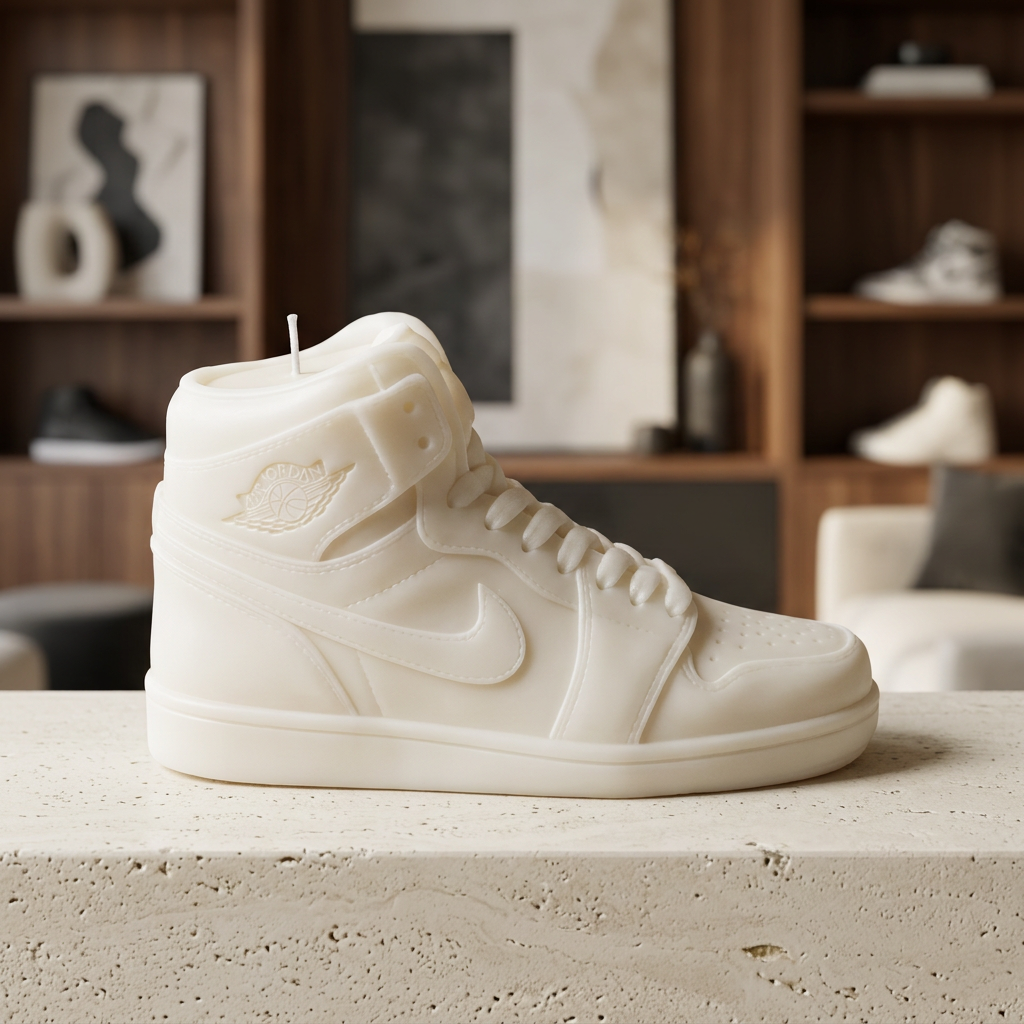 Large white sneaker candle displayed in a collector-inspired lounge