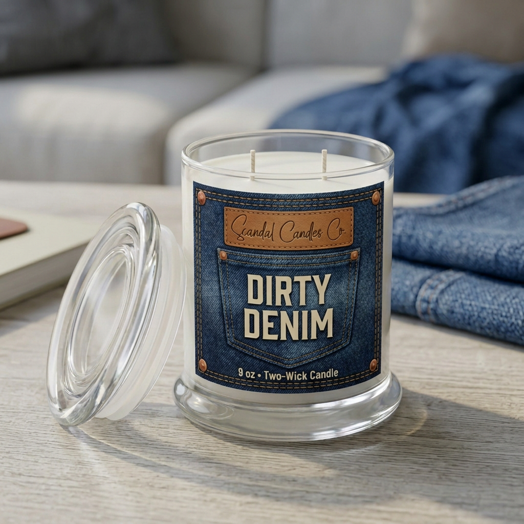 Dirty Denim candle with indigo stitched-pocket label in a modern lounge