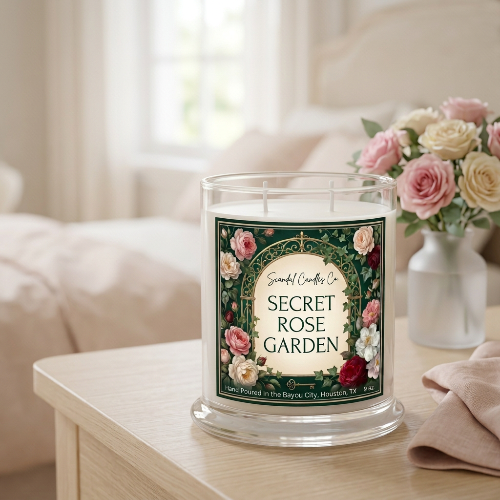 Secret Rose Garden candle in a romantic cream bedroom, without lid