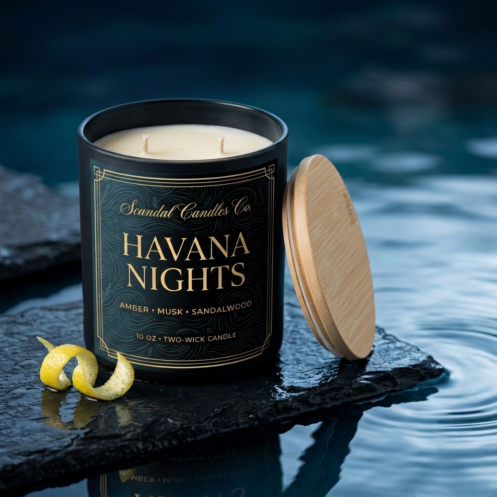 Havana Nights matte black candle with a natural wooden lid, styled beside water and citrus.