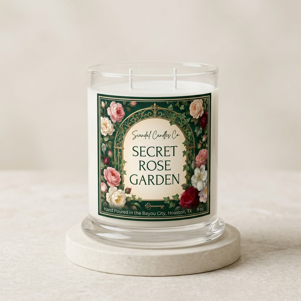 Secret Rose Garden candle with rose and ivy label in an ivory studio setting, without lid