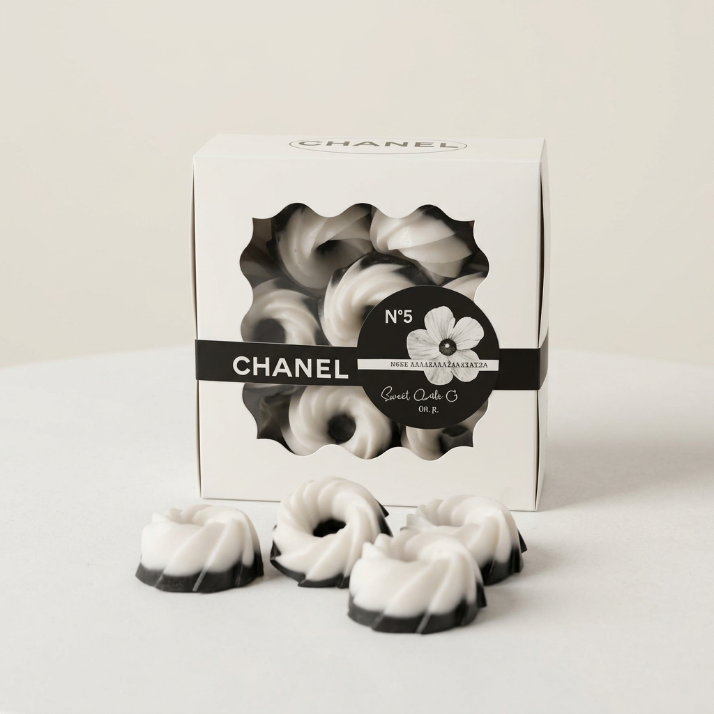 Boxed black and white mini bundt wax melts with loose melts on a clean ivory studio background