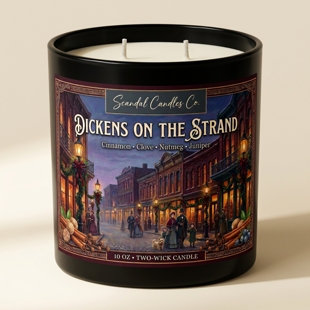 Dickens on the Strand two-wick candle with Victorian streetscape label, studio view