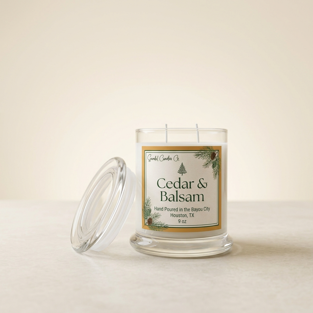 Cedar & Balsam candle with amber and ivory label on an ivory studio background