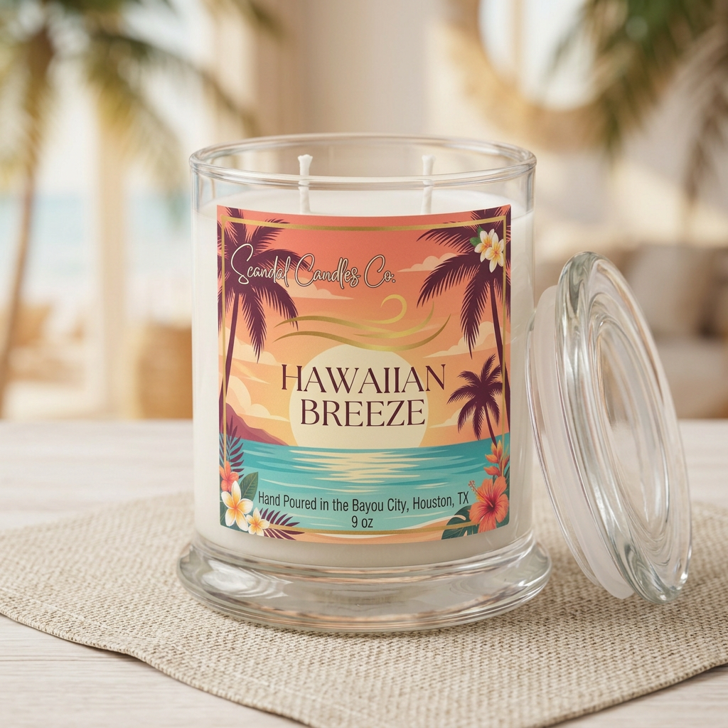 Hawaiian Breeze candle with sunset and palm label in a coastal room