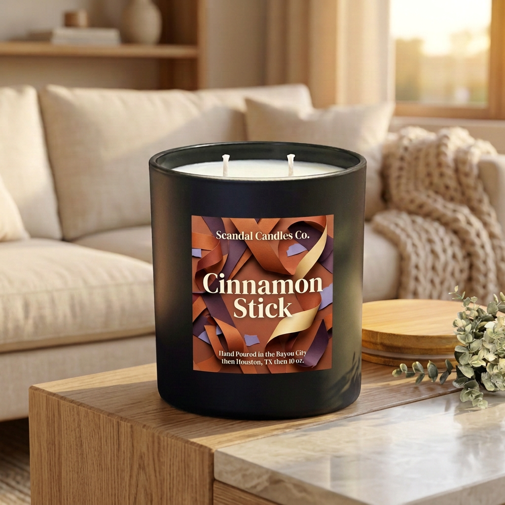 Cinnamon Stick candle with sculptural ribbon label in a cozy sunlit home