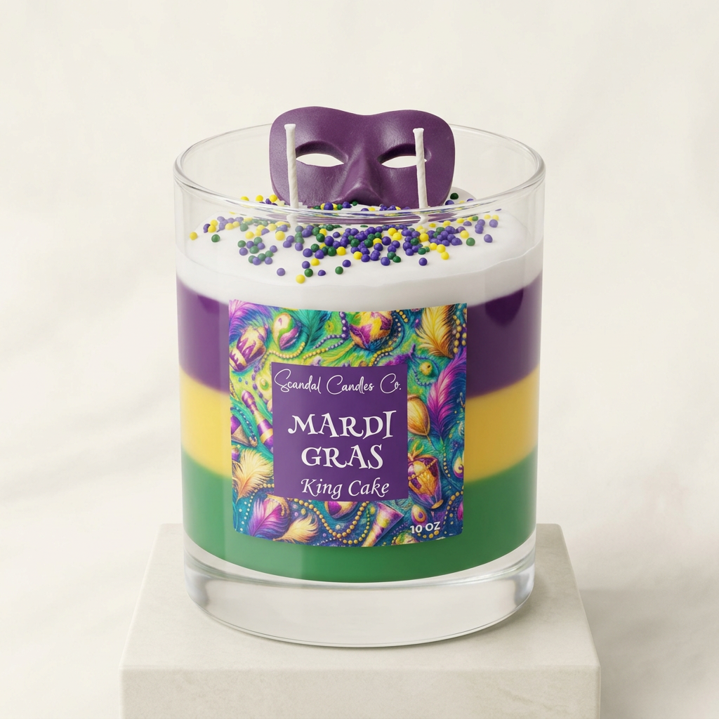 Mardi Gras King Cake candle with layered wax, purple mask and two unlit wicks on an ivory studio background