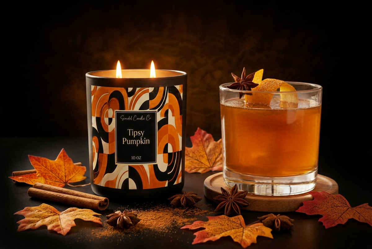 A lit scented candle labeled 'Spiced Candle Co. Tipsy Pumpkin' stands beside a glass of amber cocktail garnished with a citrus peel and star anise, on a black background with a small orange leaf and cinnamon stick props.