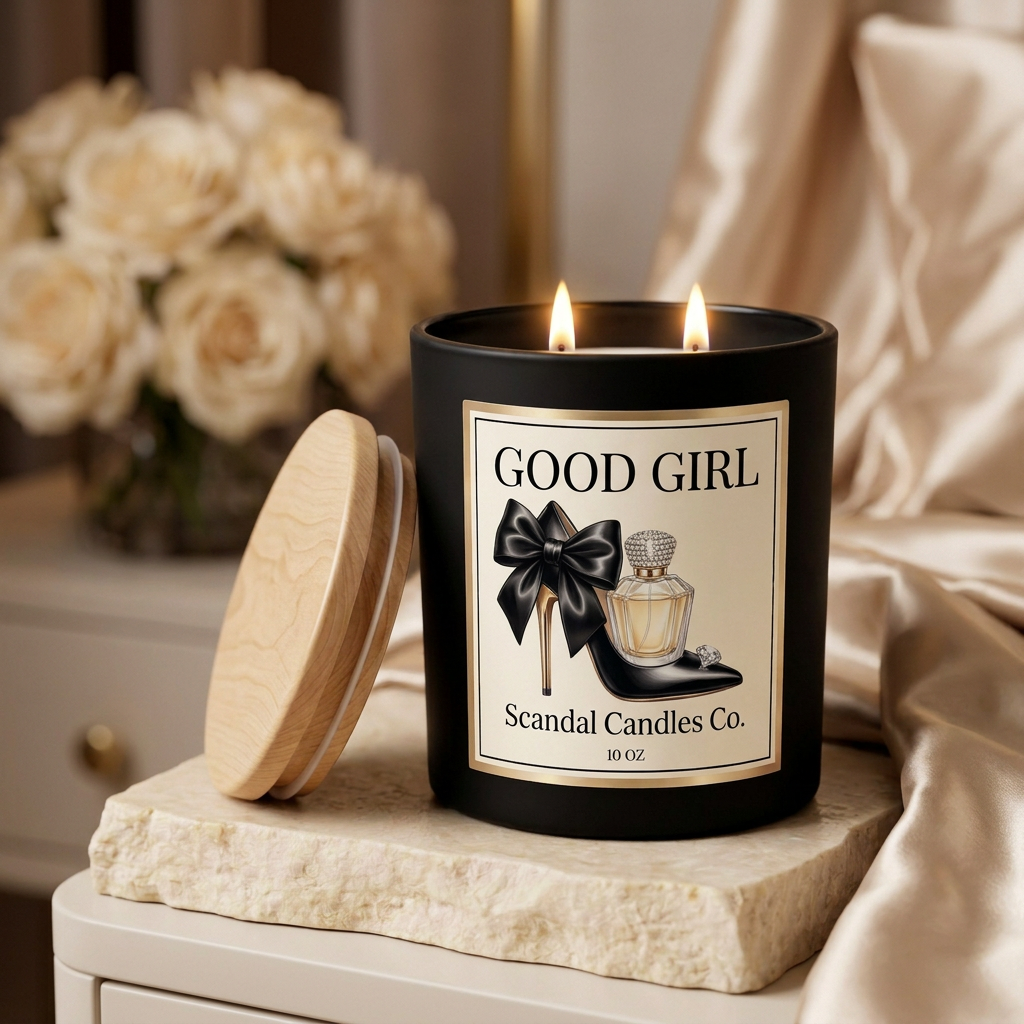 Good Girl two-wick candle glowing in an elegant evening setting