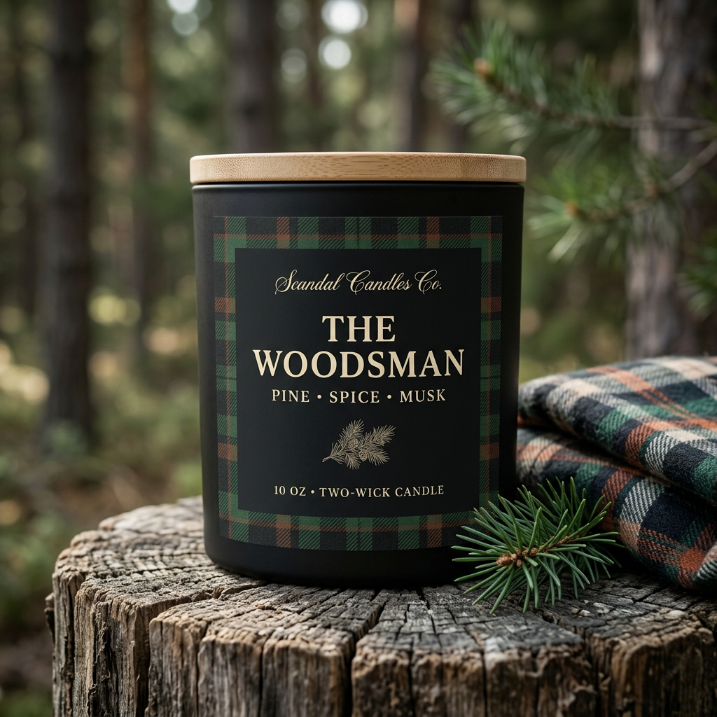 The Woodsman matte black candle with forest-green and rust plaid label and wooden lid, styled with pine and plaid flannel.