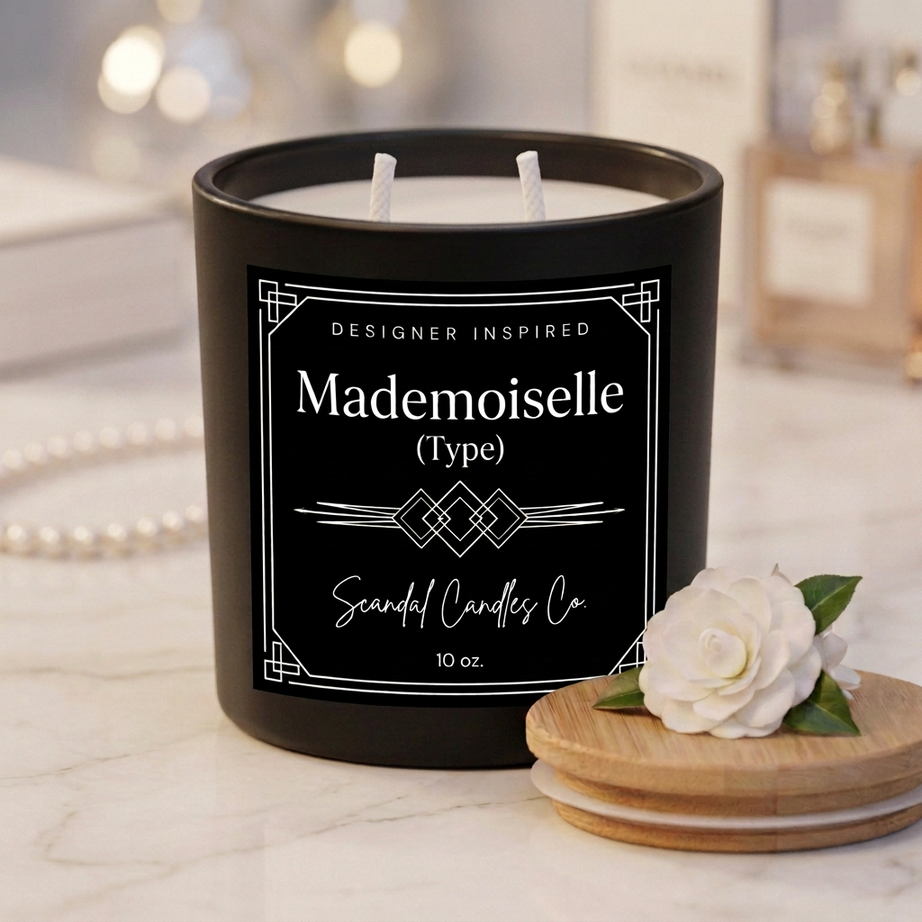 Mademoiselle candle with two fresh white unburned wicks in an ivory studio setting
