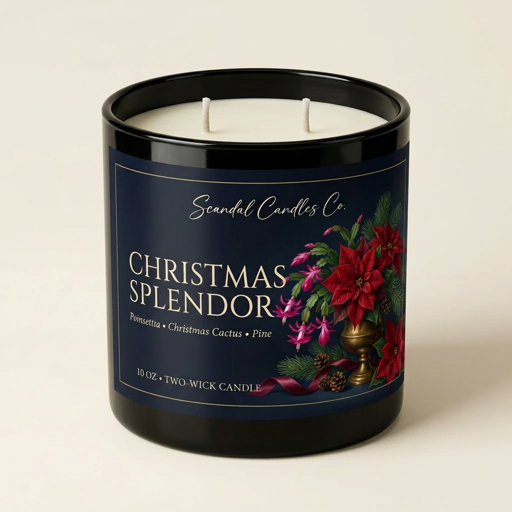 Christmas Splendor candle with renamed floral label studio view