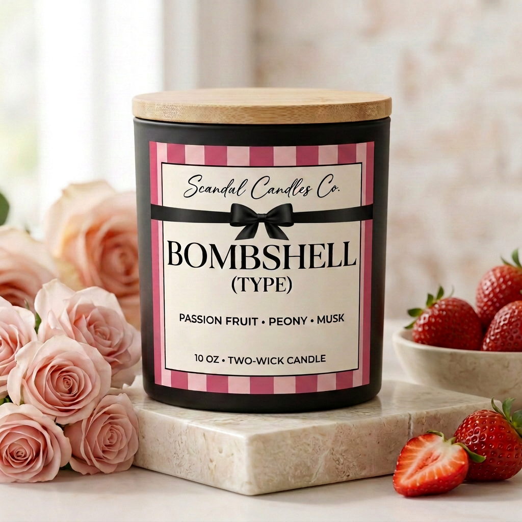 Bombshell 10 oz candle with a single bow beneath the brand name styled with roses