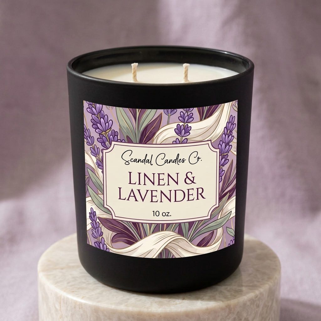 Linen & Lavender 10 oz candle with illustrated lavender and linen label on a studio pedestal