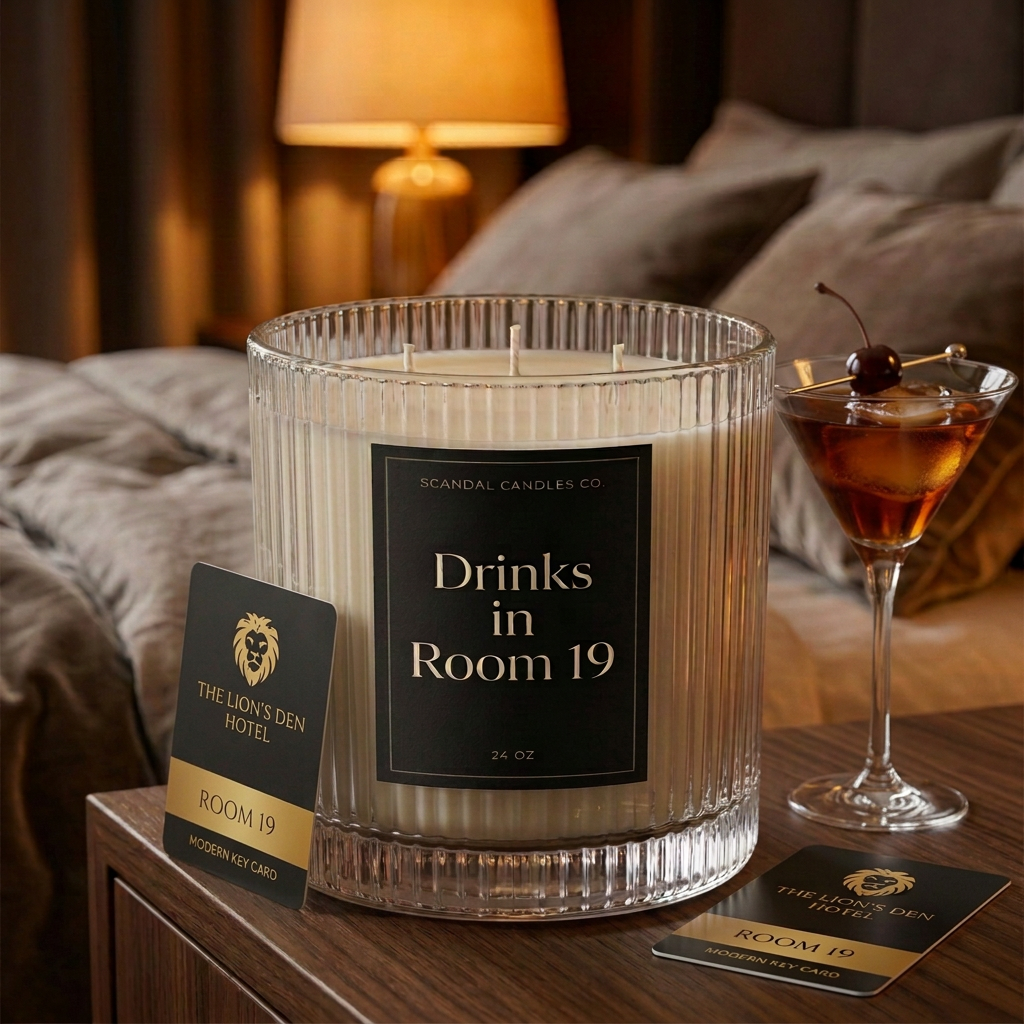 Drinks in Room 19 three-wick candle with black label in a luxury hotel room