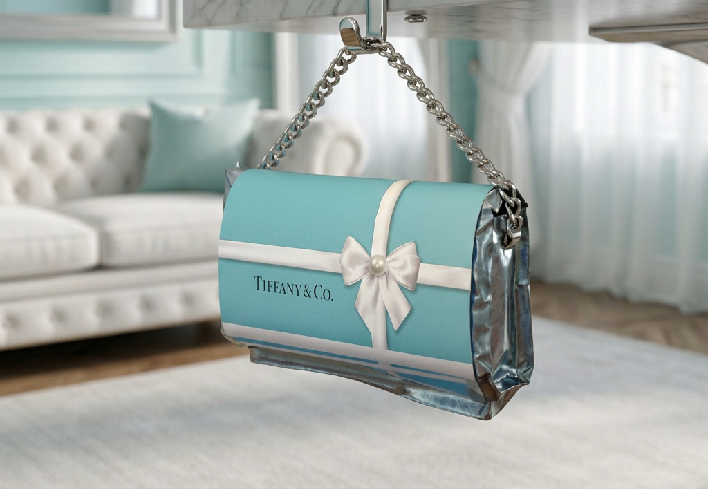 Aqua wrapped wax melt clutch with white bow and silver chain in an elegant aqua white and silver room
