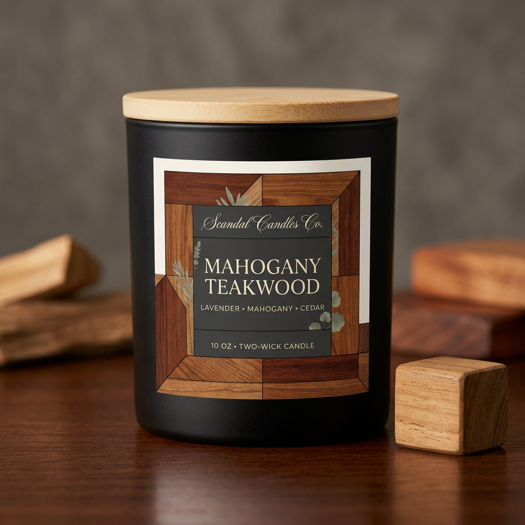 Mahogany Teakwood matte black candle with wooden lid and full woodgrain label including white top and side areas, styled on mahogany.
