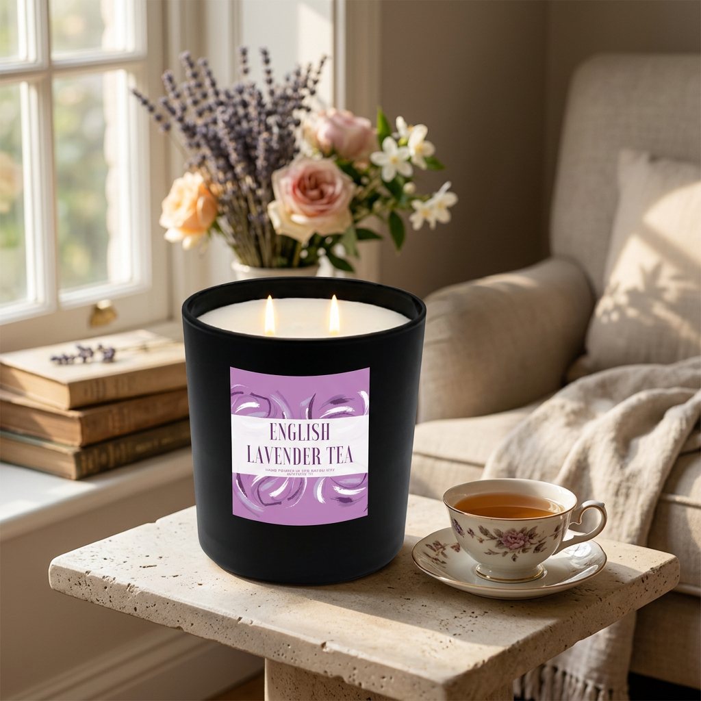 English Lavender Tea candle in an elegant reading nook beside brewed tea