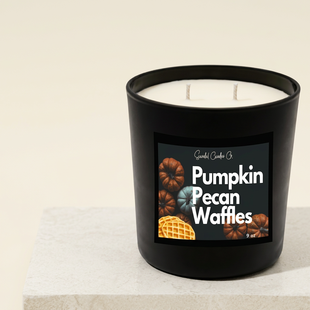 Pumpkin Pecan Waffles candle on an ivory studio background