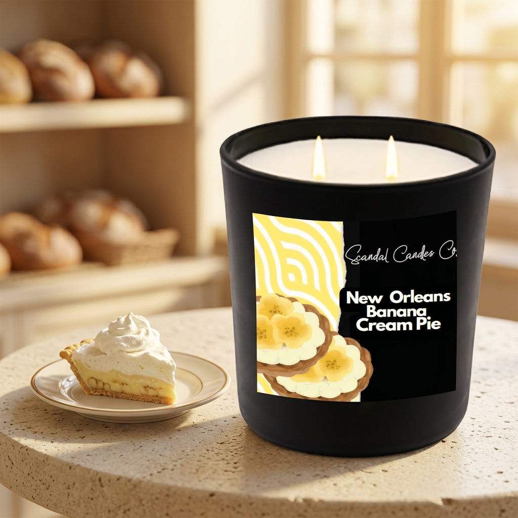 New Orleans Banana Cream Pie candle in a warm cafe with banana cream pie