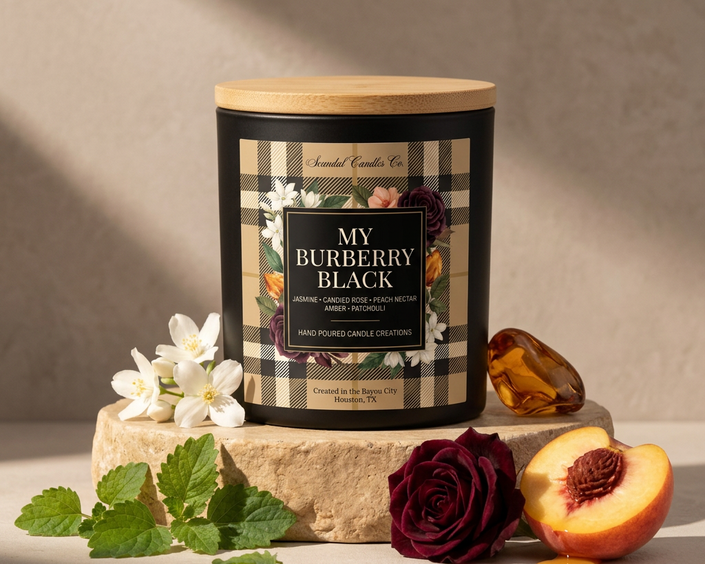 A candle tin labeled 'MY BURBERRY BLACK' by Scents of Candle Co., styled on a stone pedestal with white flowers, mint leaves, a rose, a peach half, and amber stones against a warm beige background.