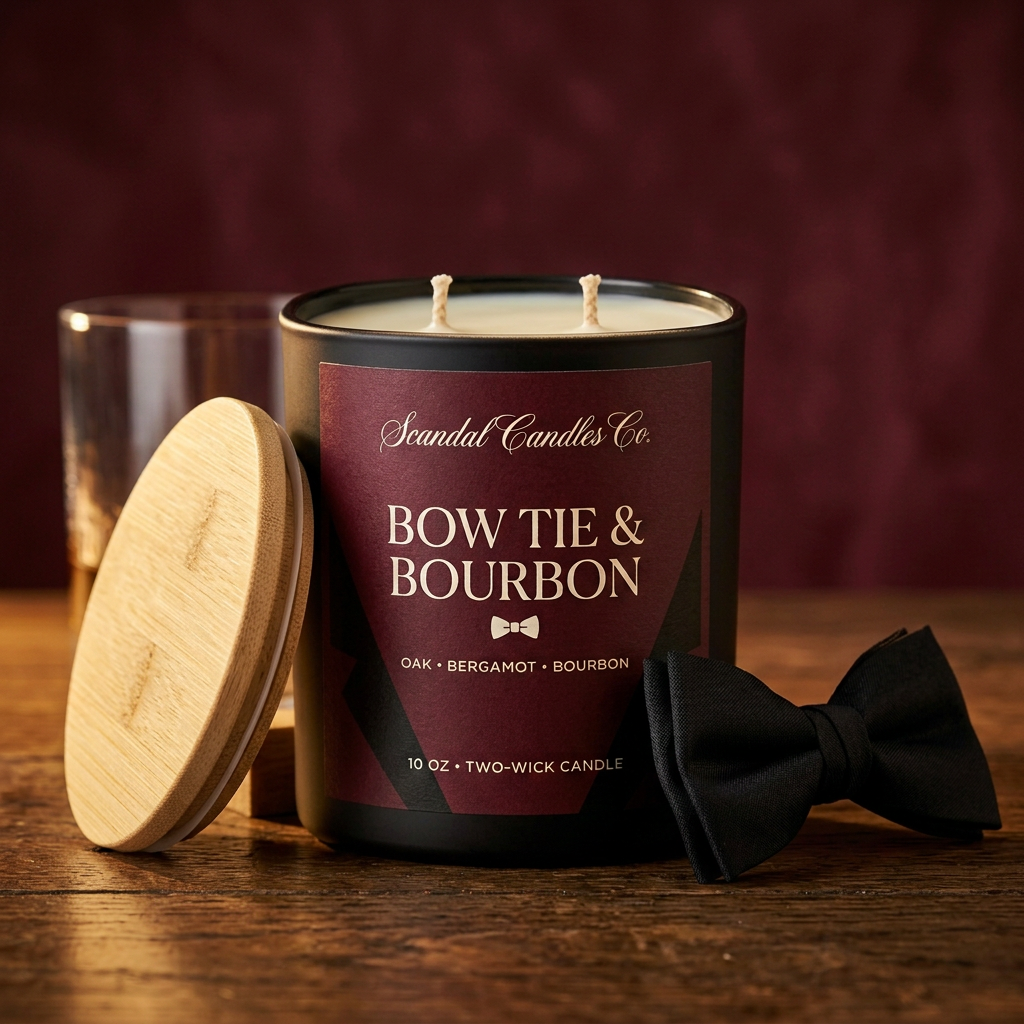 Open Bow Tie & Bourbon matte black candle with two unlit wicks, burgundy After Hours label and wooden lid beside the jar.