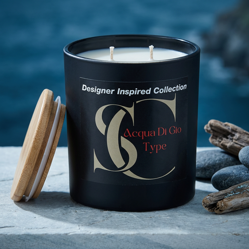 Acqua Di Gio Type candle styled with weathered wood and sea stones