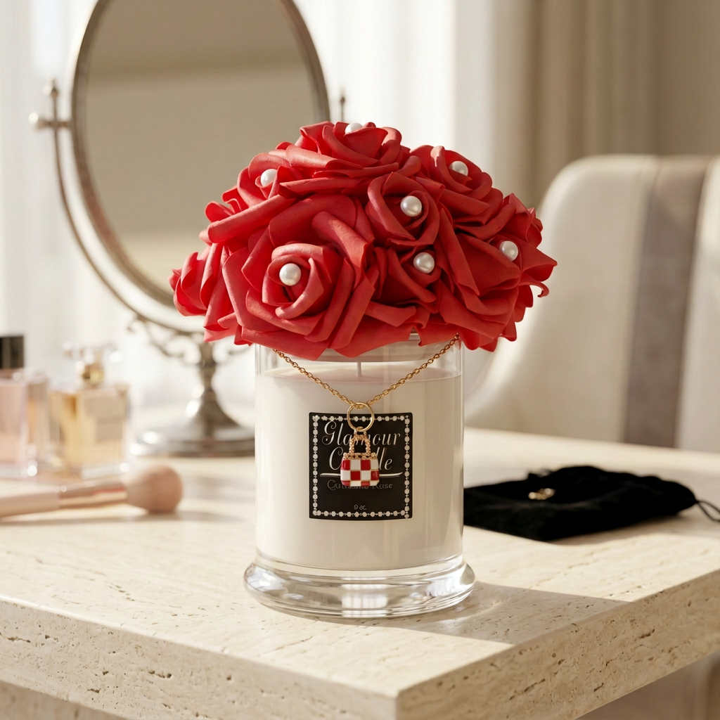 Red Glamour Candle displayed on an elegant ivory stone vanity