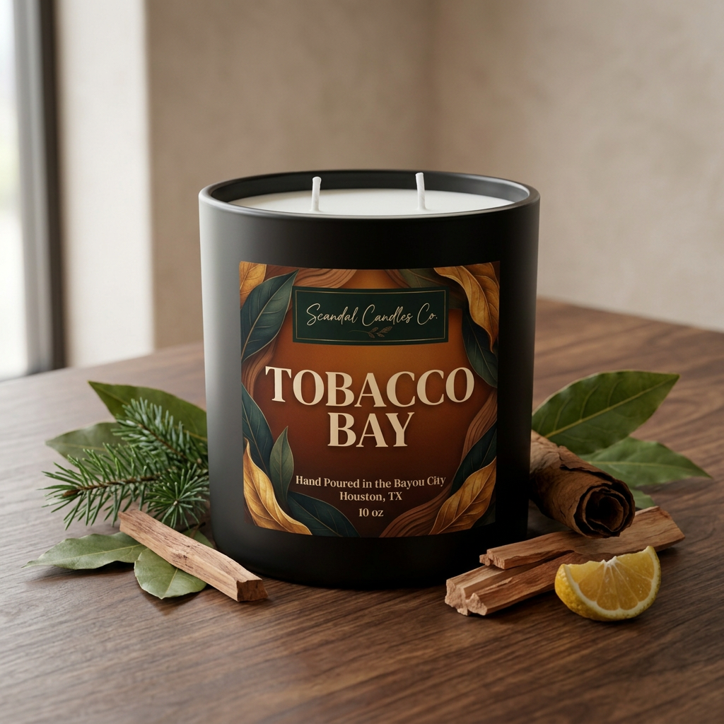 Tobacco Bay candle styled with bay leaves, fir, cedar and bergamot