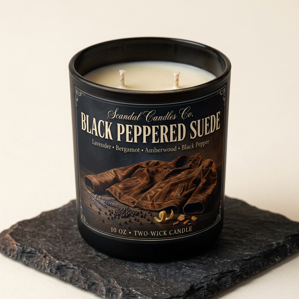Black Peppered Suede two-wick candle with redesigned suede jacket label, studio view