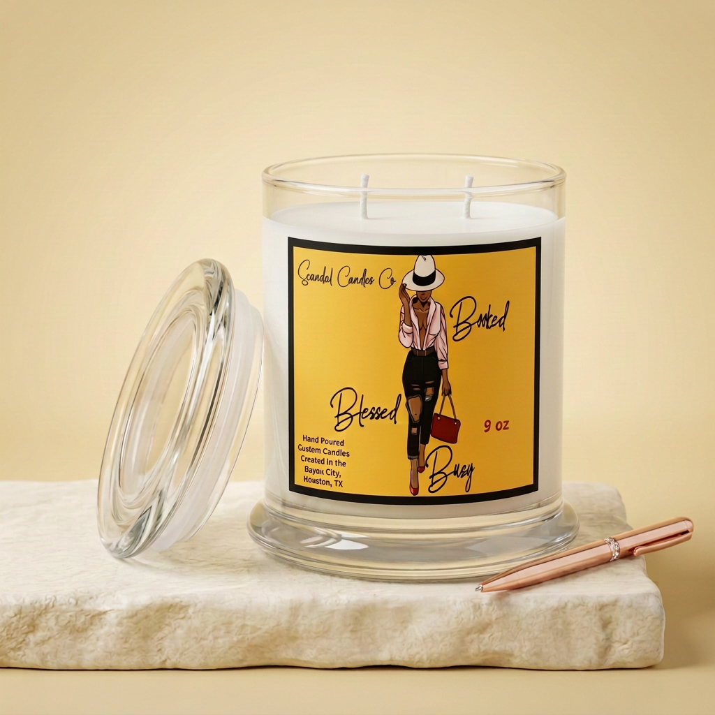 Blessed Booked and Busy candle and glass lid in an elegant cream and gold studio setting