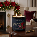 Christmas Splendor candle with renamed floral label in holiday living room