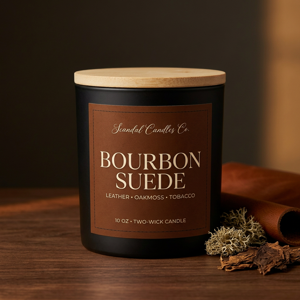 Bourbon Suede matte black candle with a wooden lid, styled with cognac leather, oakmoss and dried tobacco leaf.