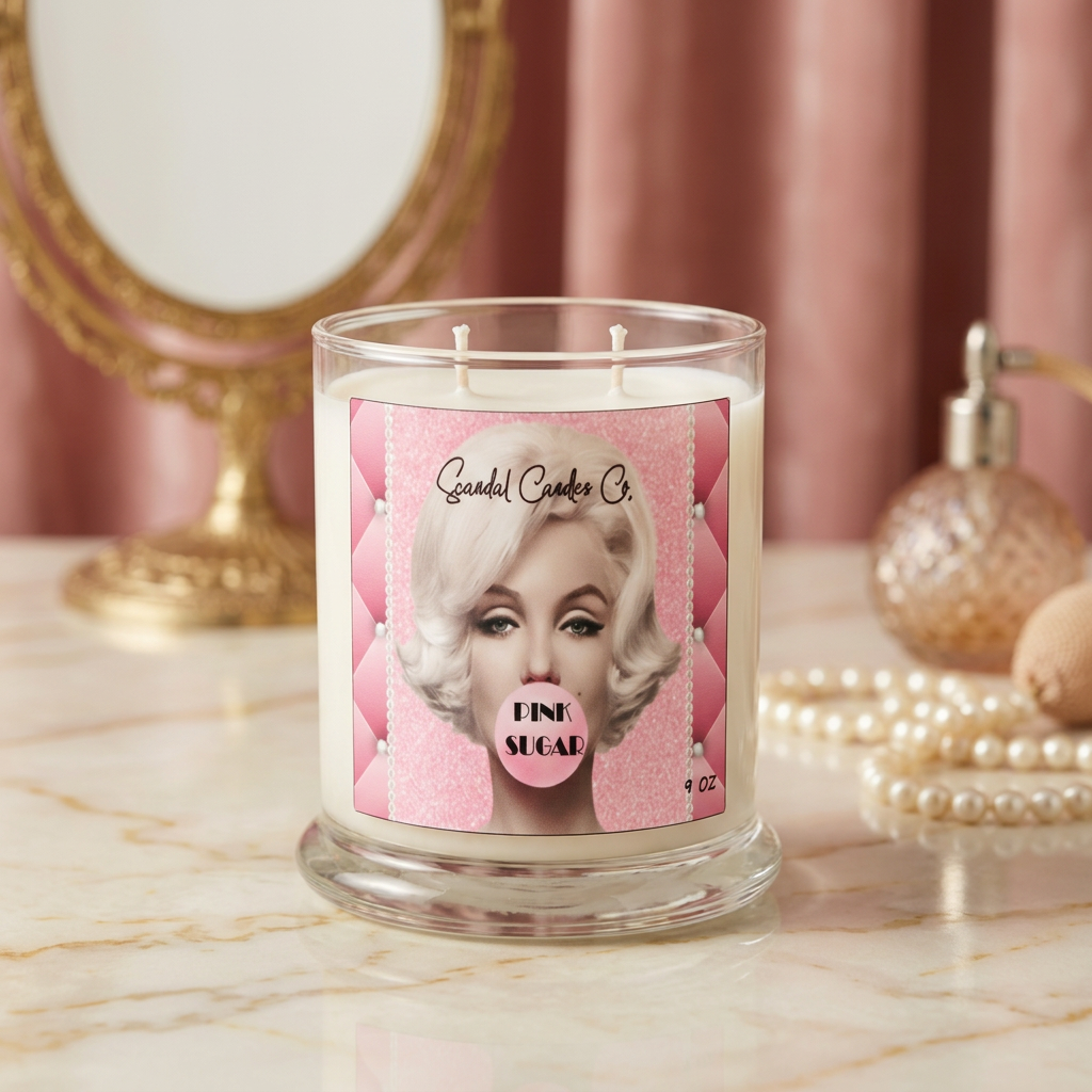 Marilyn Pink Sugar candle in an Old Hollywood-inspired setting