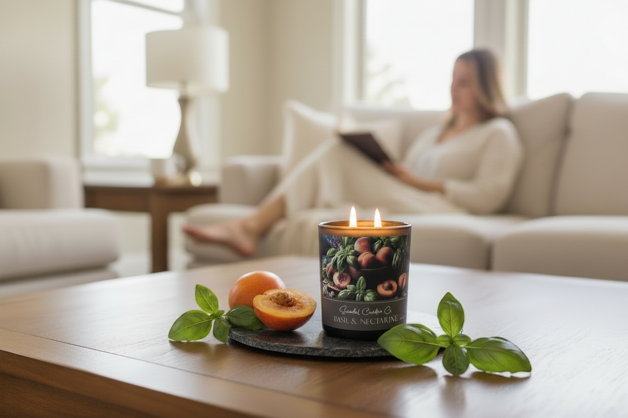 Scandal Candles Co. Basil & Nectarine two-wick candle on a coffee table with fresh fruit and a woman reading nearby.