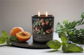 Scandal Candles Co. Basil & Nectarine 10 oz two-wick candle in a black jar with fruit and herb label design