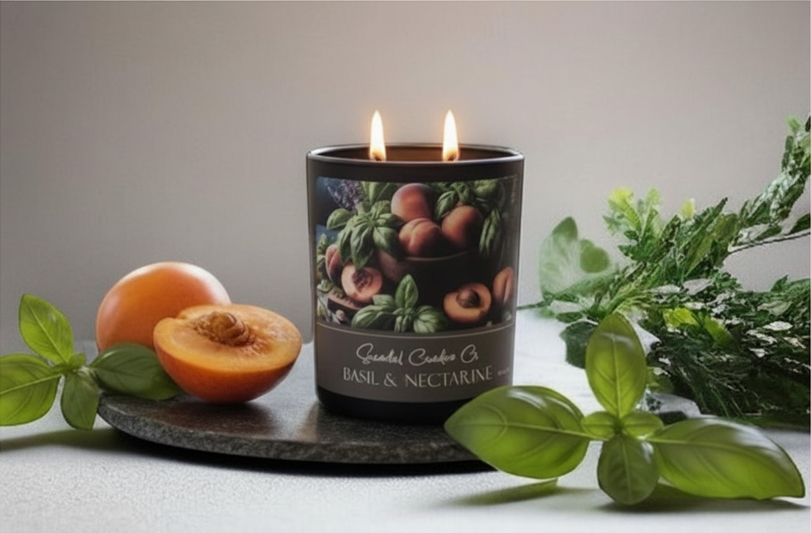Scandal Candles Co. Basil & Nectarine 10 oz two-wick candle in a black jar with fruit and herb label design