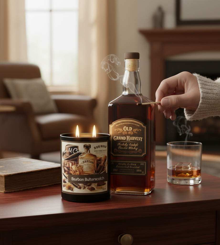 Scandal Candles Co. Bourbon Butterscotch two-wick candle next to a bottle of whiskey and a glass on a wooden table.