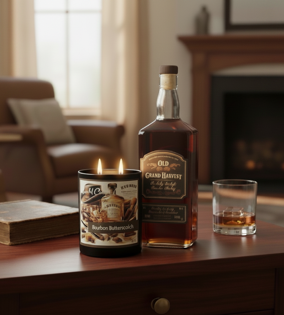 Scandal Candles Co. Bourbon Butterscotch two-wick candle next to a bottle of bourbon on a wooden table by a fireplace.
