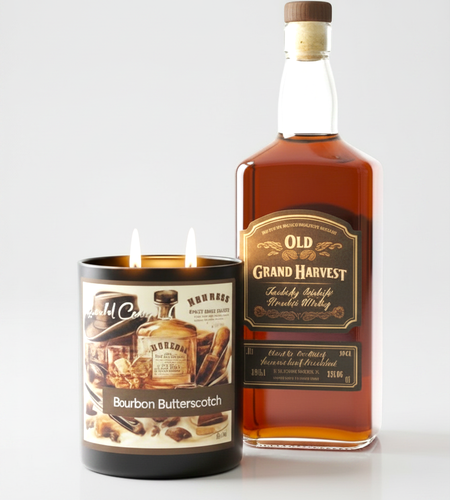 Scandal Candles Co. Bourbon Butterscotch two wick candle next to a bottle of bourbon whiskey on a white background.
