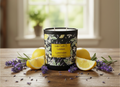 Scandal Candles Co. Lemon & Lavender two-wick candle in a black jar surrounded by fresh lemons and lavender sprigs.