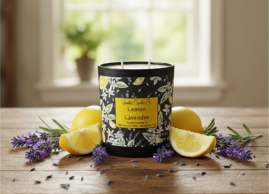 Scandal Candles Co. Lemon & Lavender two-wick candle in a black jar surrounded by fresh lemons and lavender sprigs.
